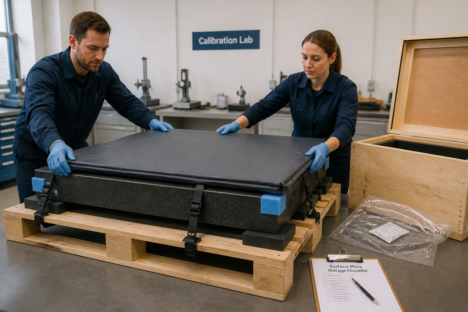 Two lab technicians cover and strap a granite surface plate on a pallet for safe storage and relocation in a calibration lab.