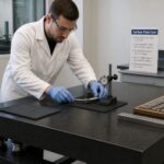 A metrology technician places precision measuring tools on protective pads on a granite surface plate in a calibration lab.