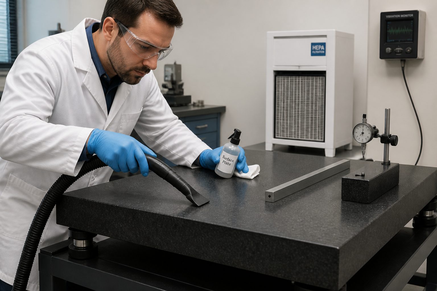 A lab technician cleans a granite surface plate with a HEPA vacuum and lint free wipe on a vibration isolation stand in a metrology lab.