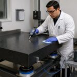 A lab technician checks airborne particles with a particle counter and wipes a granite surface plate while vibration isolation equipment sits underneath.
