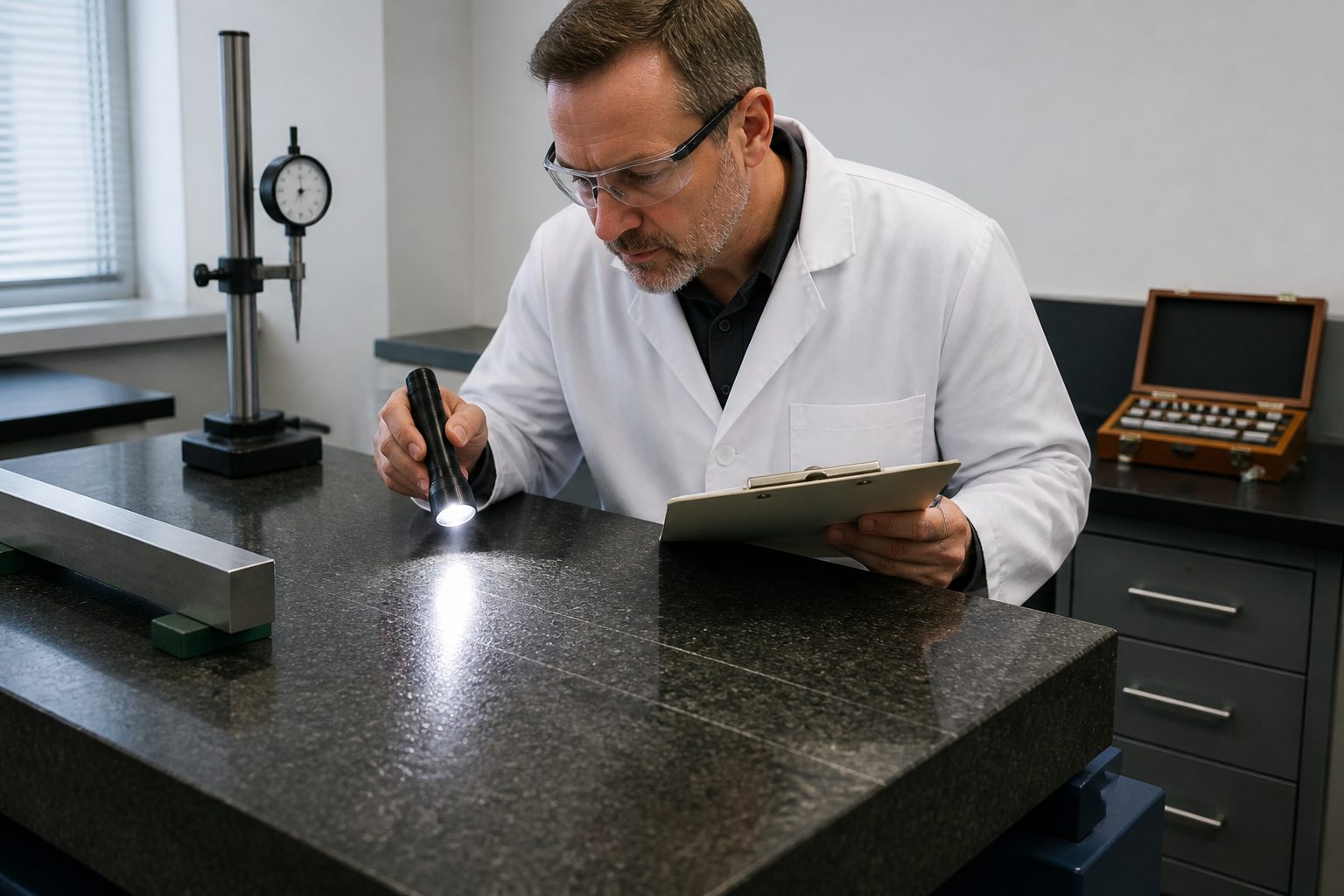 A lab technician uses a handheld inspection light to visually check a granite surface plate while holding an inspection checklist.