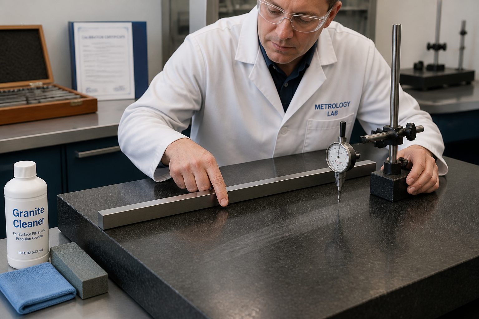 A metrology technician inspects wear patterns on a granite surface plate using a straightedge and a dial indicator in a calibration lab.