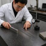 A metrology technician inspects wear patterns on a granite surface plate using a straightedge and a dial indicator in a calibration lab.