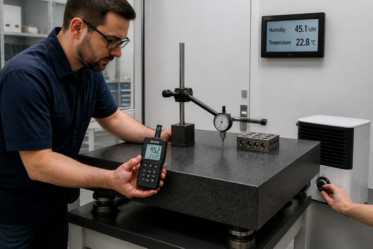 A metrology technician checks humidity with a digital hygrometer while adjusting a dehumidifier next to a granite surface plate in a calibration lab.
