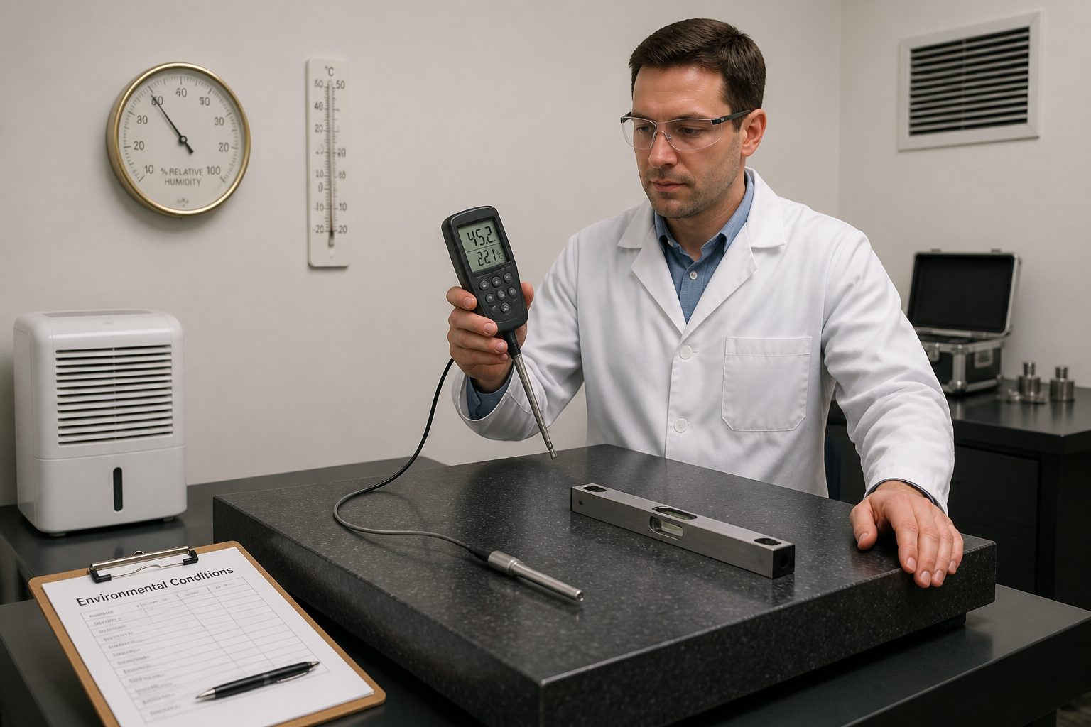 A lab technician measures humidity and temperature next to a granite surface plate in a metrology lab.