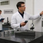 A lab technician measures humidity and temperature next to a granite surface plate while metrology tools sit on the plate.