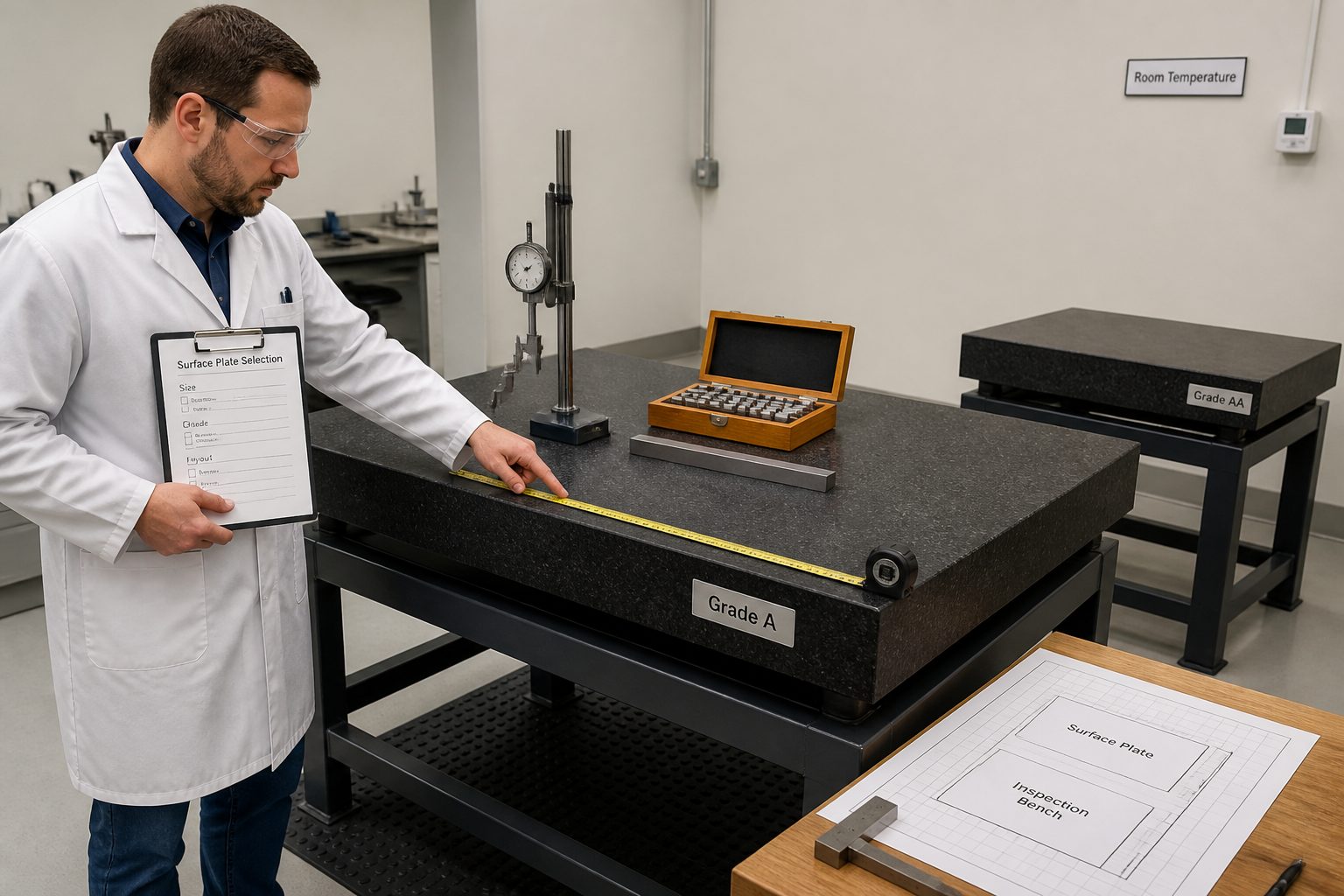 A male metrology technician in an inspection room compares granite surface plate size and grade using a tape measure and a checklist on a clipboard.