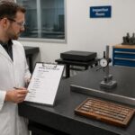 A lab technician in an inspection room compares granite surface plates using a checklist while metrology tools sit on the plate.