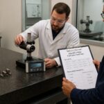 A lab technician calibrates a granite surface plate while another professional holds an ISO 17025 calibration certificate in a metrology laboratory.