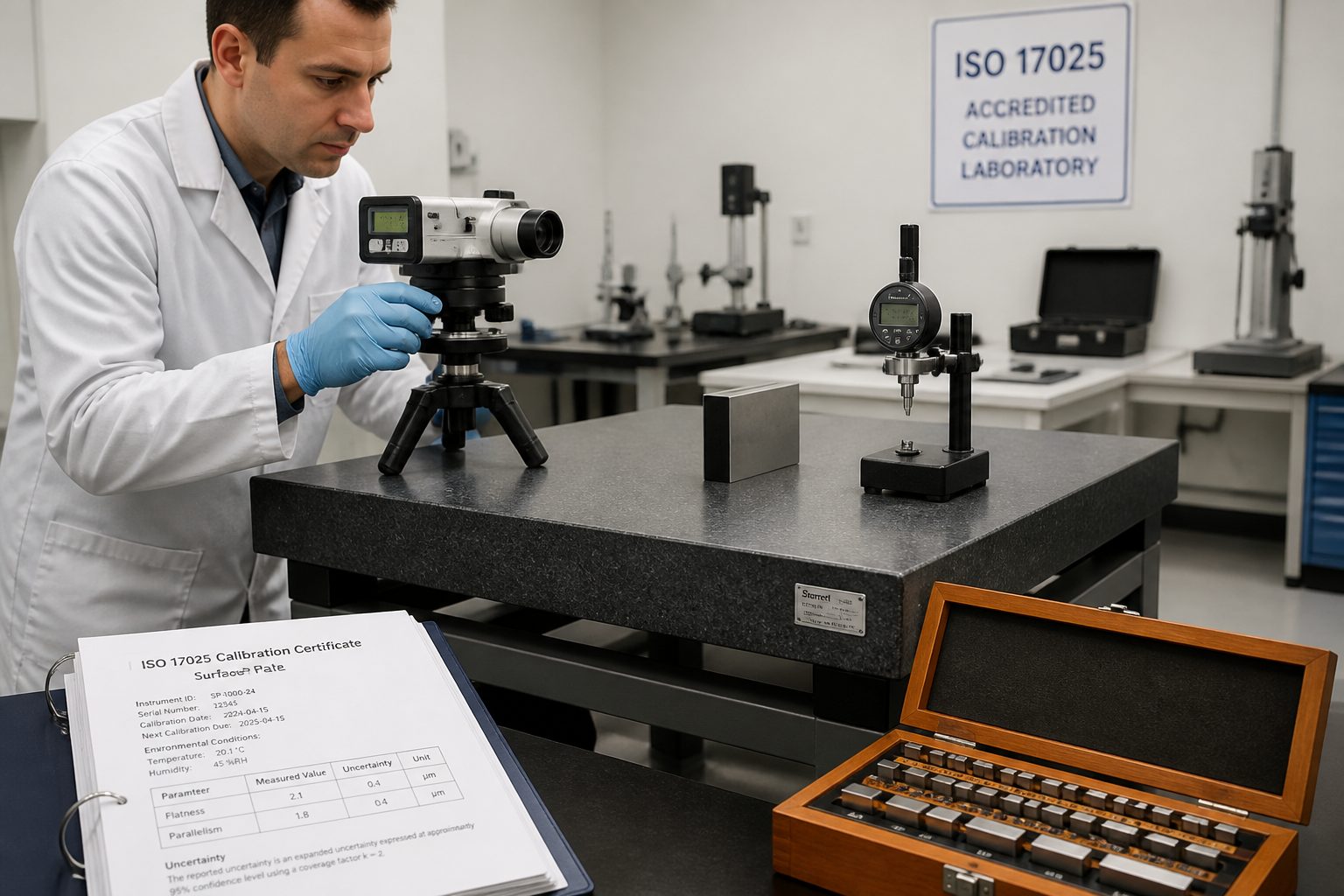 A lab technician calibrates a granite surface plate using precision metrology instruments beside an ISO seventeen zero twenty five calibration certificate.