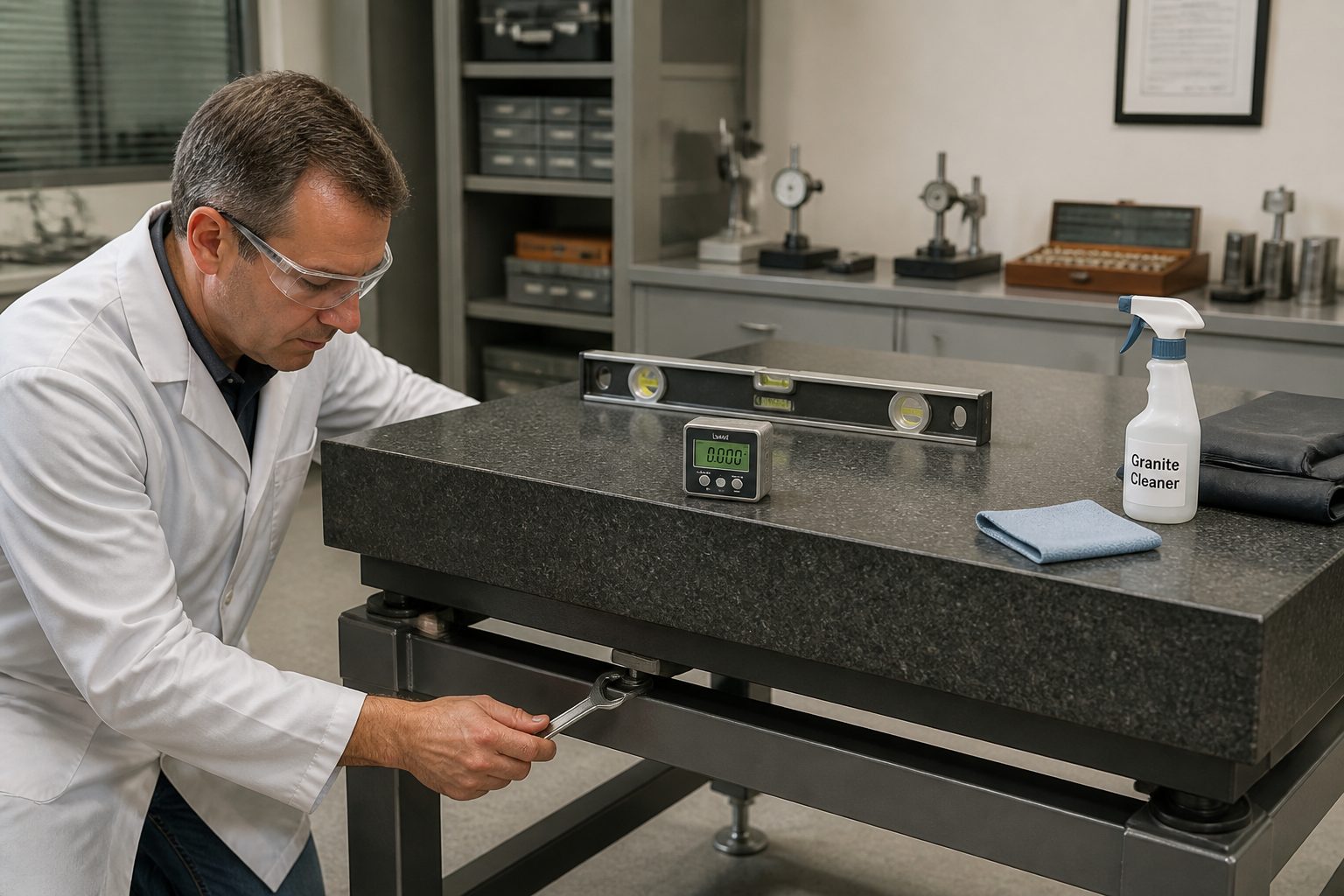 A technician adjusts the leveling feet of a granite surface plate while checking a precision level on the plate in a metrology lab.