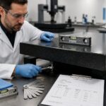 A lab technician uses a precision level and a wrench to adjust the leveling feet of a granite surface plate in a metrology lab.