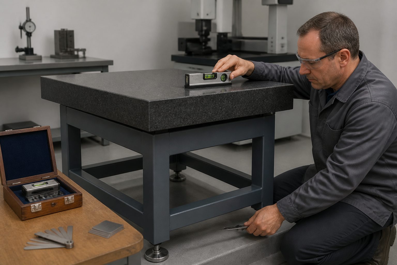 A metrology technician adjusts the leveling feet on a granite surface plate stand while checking a precision level on the granite plate.