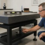 A male metrology technician adjusts the leveling feet of a granite surface plate stand while checking a precision level on the granite plate.