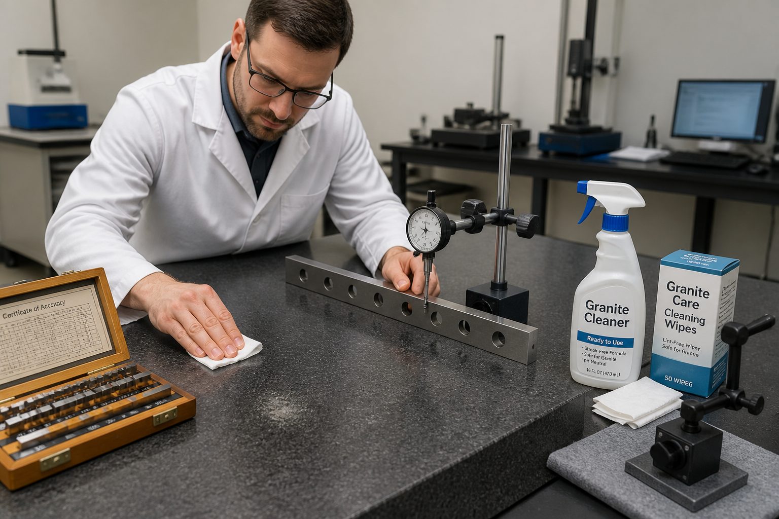 A lab technician cleans a granite surface plate while using a dial indicator, gauge blocks, and other metrology accessories.
