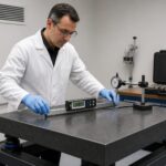 A metrology technician calibrates a granite surface plate using precision measuring tools in a controlled laboratory environment.