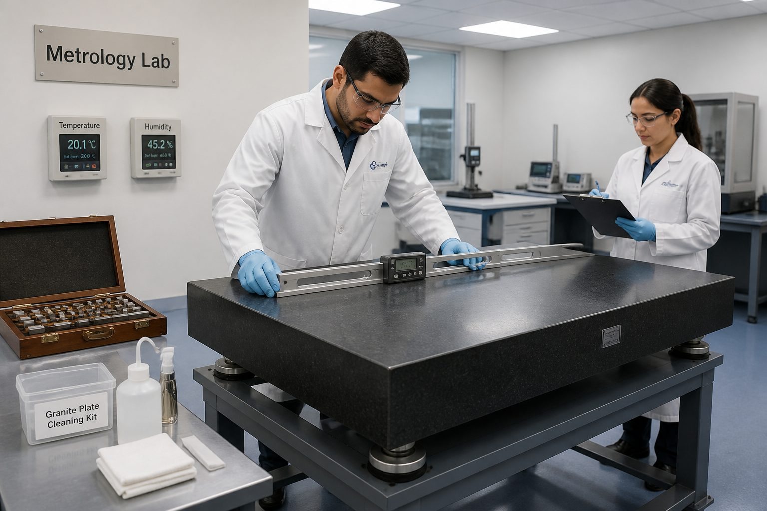 Two metrology technicians calibrate a granite surface plate in a clean metrology lab using a precision level and straightedge.