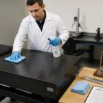 A metrology technician in a lab cleans a granite surface plate with a lint free cloth and cleaner before calibration.