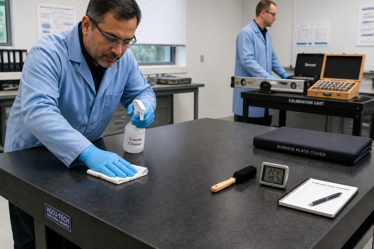 A technician cleans a granite surface plate in a metrology lab while calibration tools and a prep checklist sit nearby.