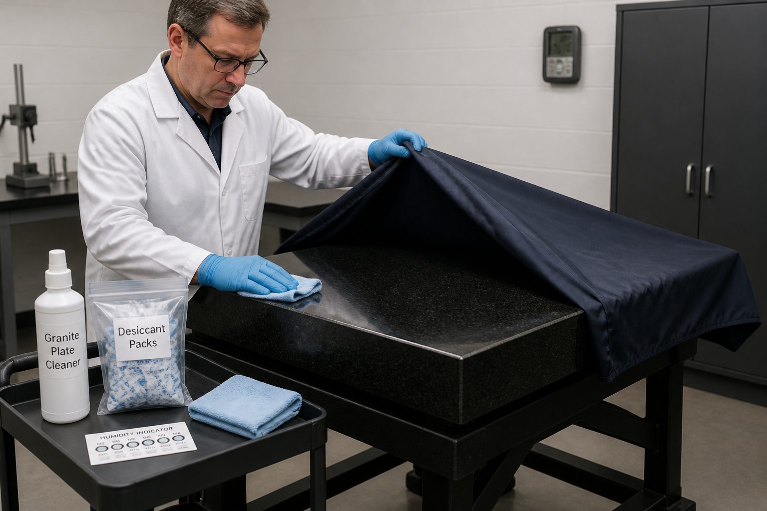 A metrology technician in a lab wipes a granite surface plate and places a protective cover on it with desiccant packs nearby.
