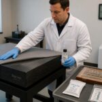 A lab technician in a metrology room covers a granite surface plate and places desiccant and protective oil nearby for long term storage.