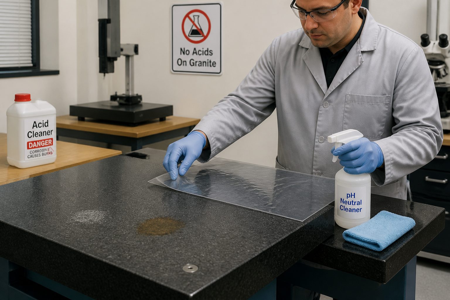 A lab technician in gloves covers a granite surface plate and uses a pH neutral cleaner to prevent etching and staining.