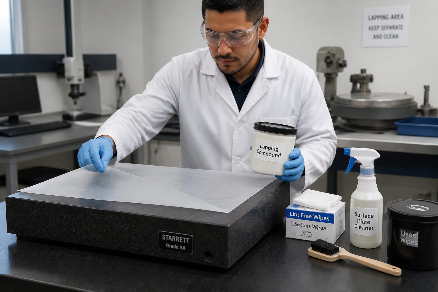 A metrology technician in a lab covers a granite surface plate while keeping a sealed lapping compound container away from the surface.