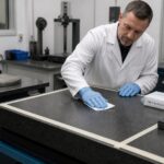 A metrology technician wearing gloves wipes a granite surface plate while keeping a lapping compound container on a separate bench to prevent contamination.