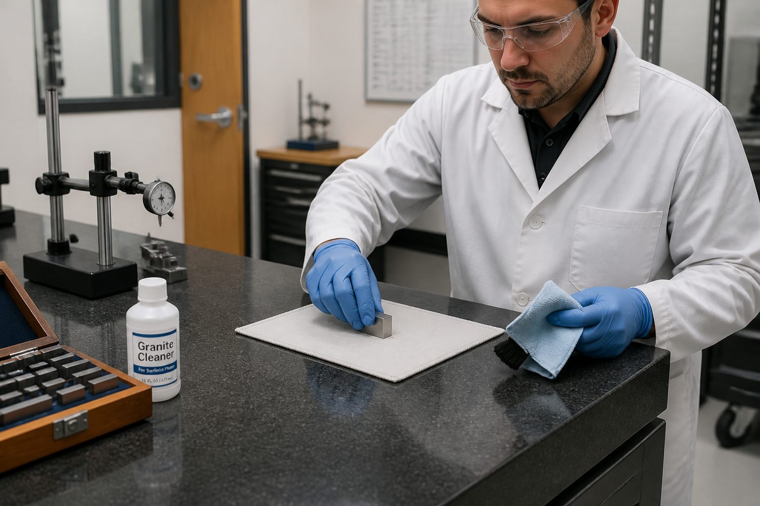 A metrology technician wearing gloves places a protective pad on a granite surface plate and sets a precision part down carefully to avoid scratches.