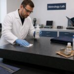 A metrology technician wipes and cleans a granite surface plate in a lab while another worker holds a calibration report folder in the background.