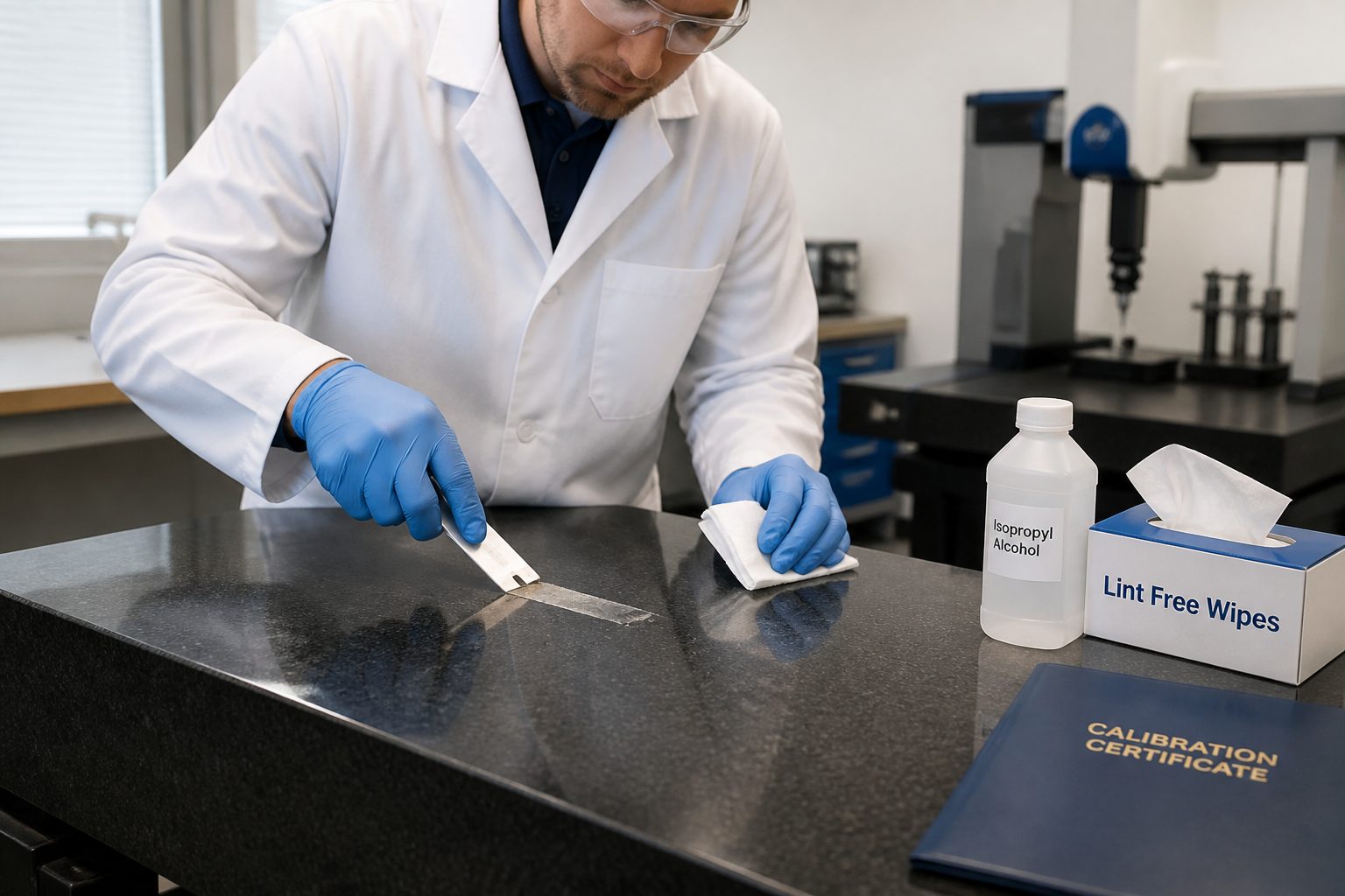 A lab technician in gloves scrapes adhesive residue off a granite surface plate using a plastic scraper and a lint free wipe.