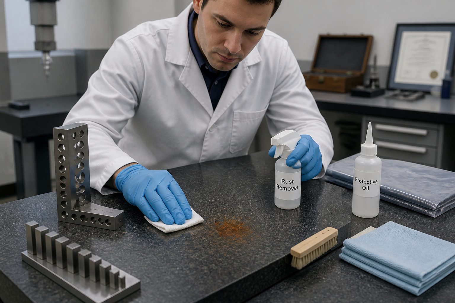 A lab technician wearing gloves wipes a rust stain off a granite surface plate with a cloth and cleaning spray in a metrology lab.