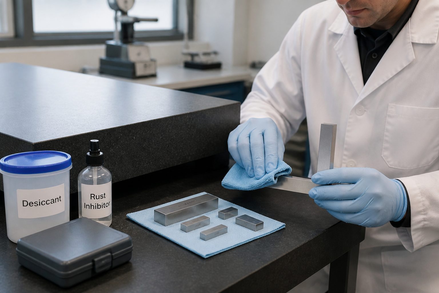 A lab technician wipes precision steel tools beside a granite surface plate using a dry rust inhibitor spray and microfiber cloth.