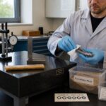 A lab technician wipes precision steel tools on a granite surface plate and stores them with rust inhibitor paper to prevent rust without oil.
