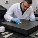 A male metrology technician in a lab wipes a rust stain off a granite surface plate using a lint free cloth and cleaning supplies.