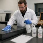 A lab technician in gloves cleans a granite surface plate with a microfiber cloth while approved and not recommended solvent bottles sit nearby.