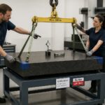 Two technicians in a metrology lab use a hoist and lifting slings to safely lift a granite surface plate to protect its flatness.