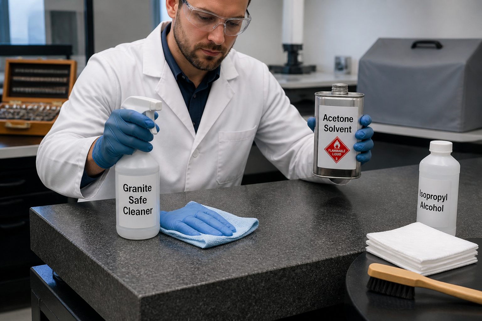 A lab technician wearing gloves wipes a granite surface plate with a microfiber cloth while holding a granite safe cleaner and keeping an acetone solvent can aside.