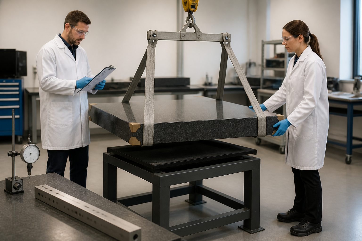 Two lab technicians use lifting straps and a hoist to move a granite surface plate while checking proper support points to protect flatness.