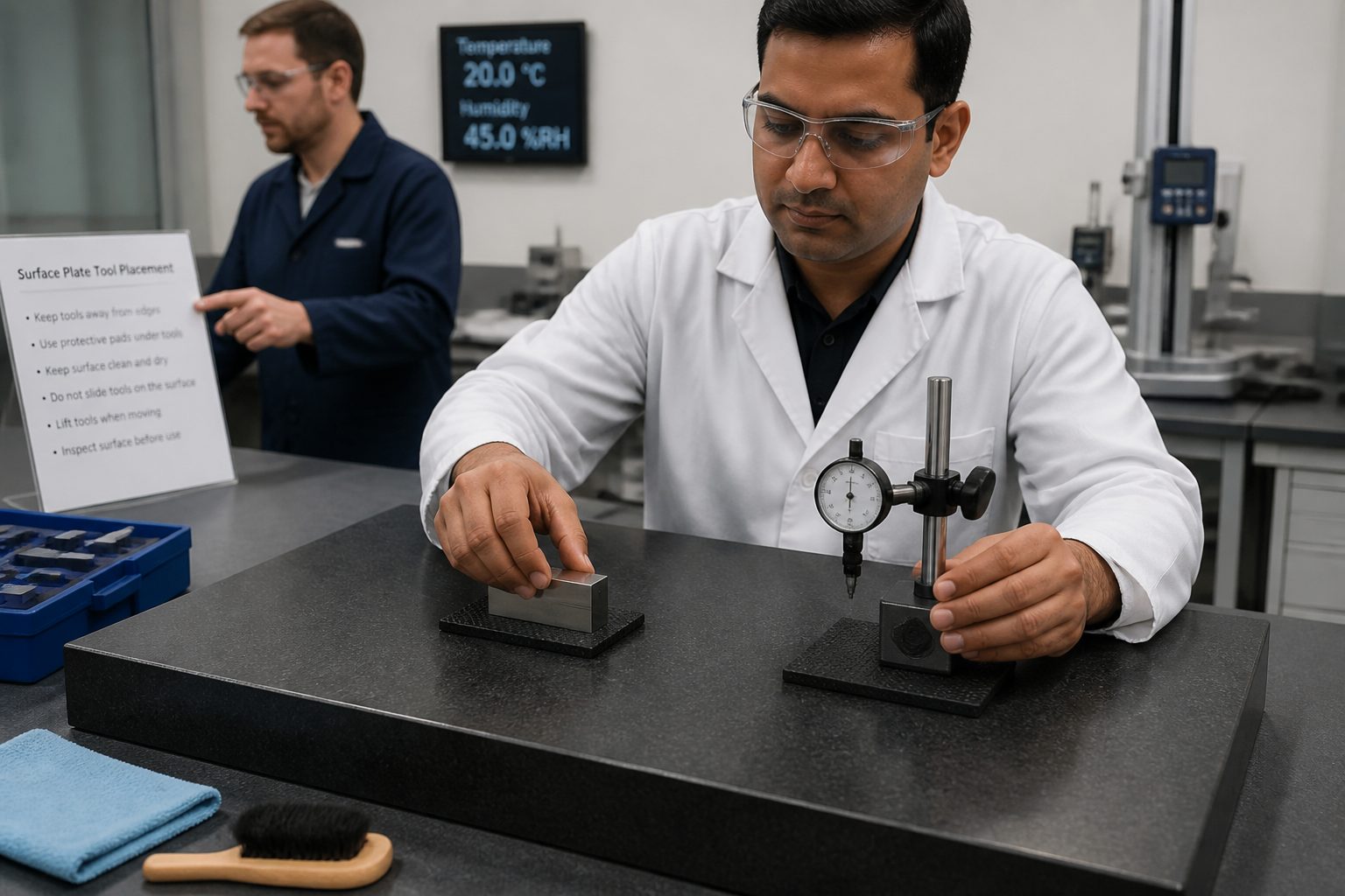 A metrology technician places precision tools on a granite surface plate using protective pads and keeping them away from the edges in a calibration lab.