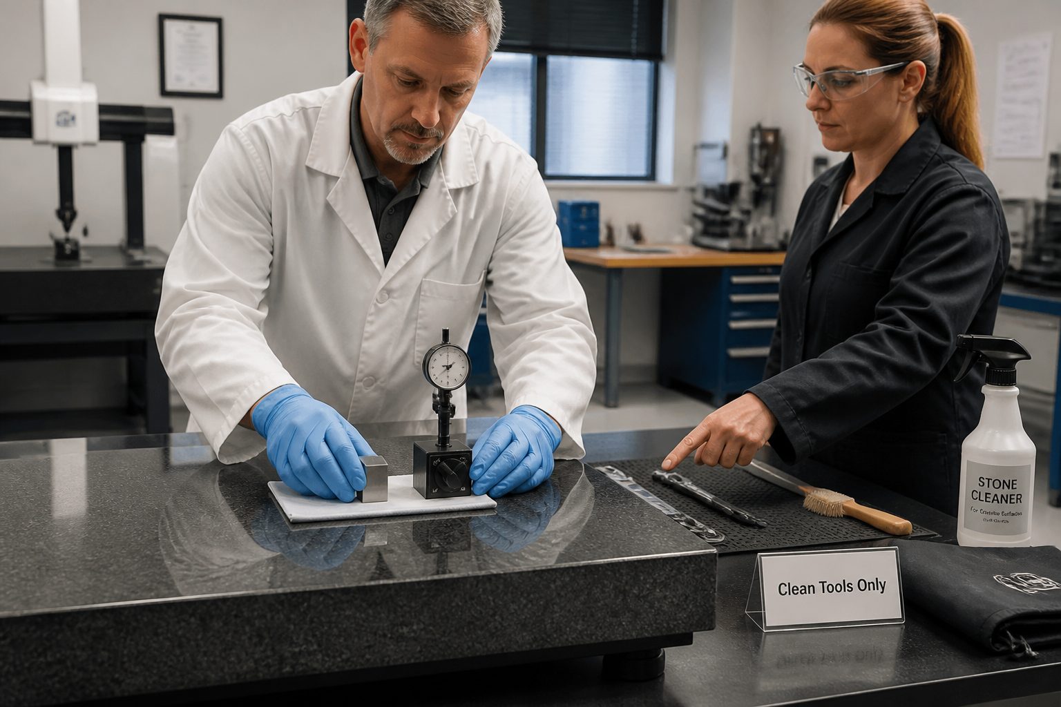 A male metrology technician carefully places a dial indicator and gauge blocks on a granite surface plate while a female inspector observes in a calibration lab.