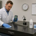 A lab technician checks temperature and humidity while cleaning a granite surface plate with metrology tools nearby.