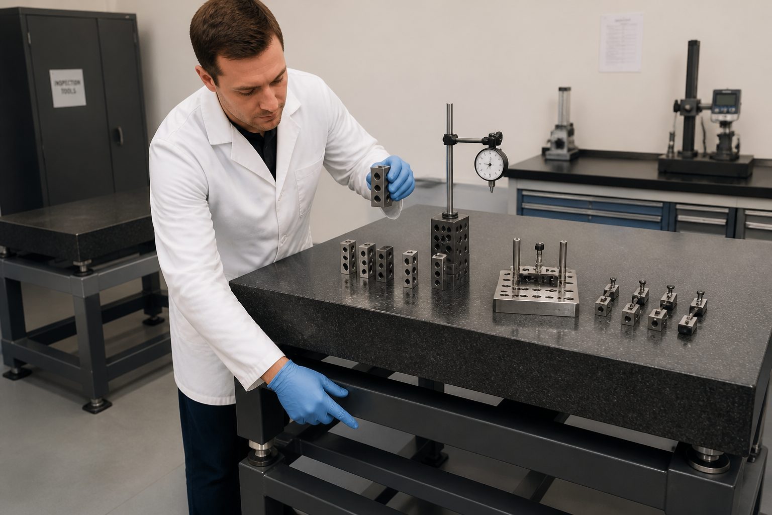 A metrology technician in a lab arranges riser blocks and tooling on a granite surface plate while comparing stand options.