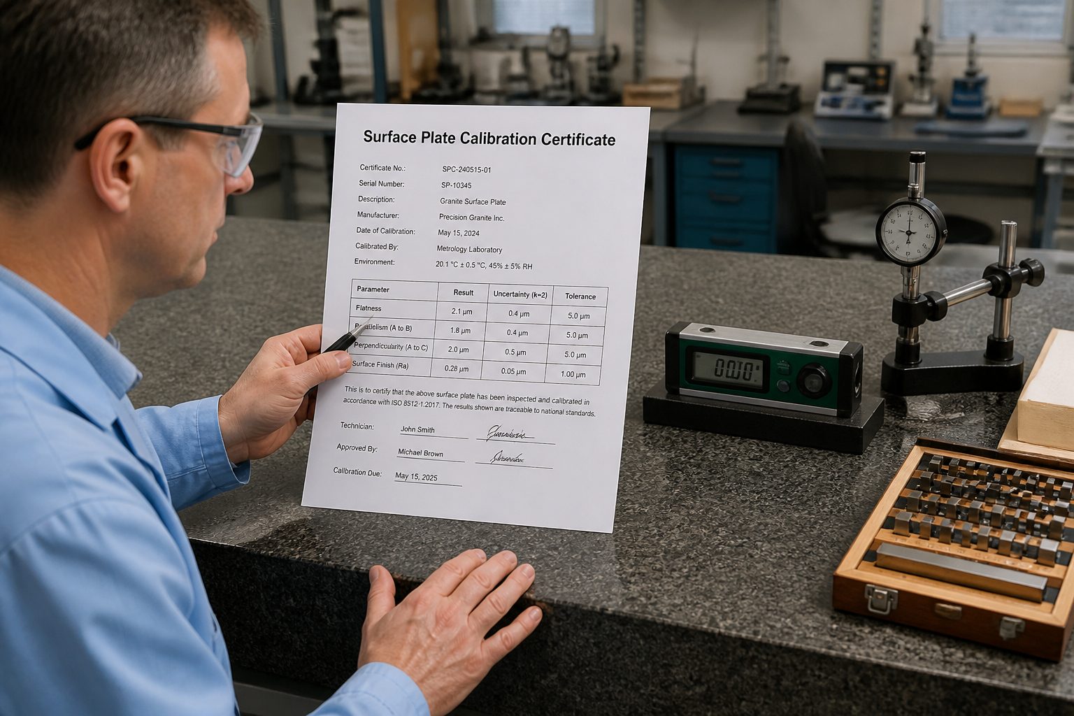 A male metrology technician points to a surface plate calibration certificate while standing beside a granite surface plate with calibration tools.