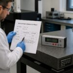 A metrology technician reviews a surface plate calibration certificate and points to measurement results beside a granite surface plate in a lab.