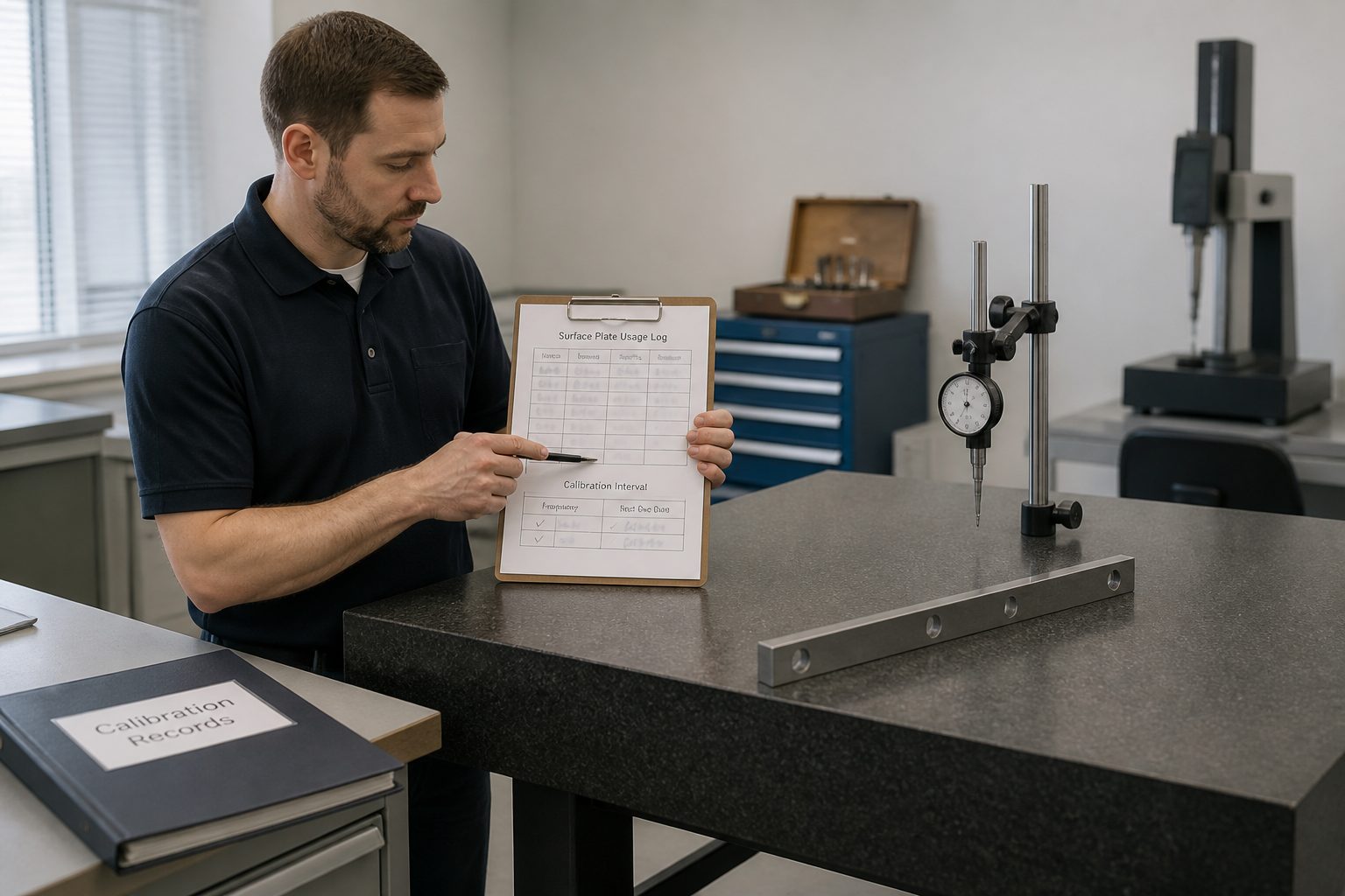 A male metrology technician reviews a calibration interval schedule on a clipboard beside a granite surface plate with inspection tools.