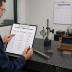 A metrology technician in a lab reviews a surface plate calibration schedule on a clipboard beside a granite surface plate with inspection tools.