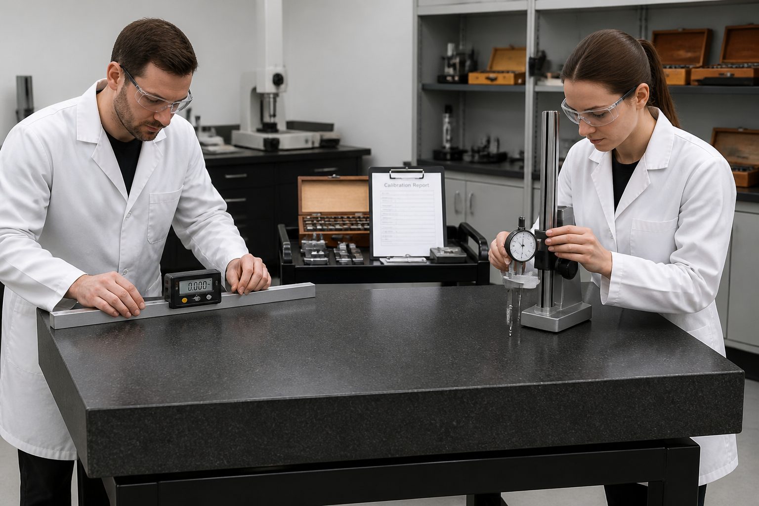 Two metrology technicians compare surface plate calibration methods using a precision level and a dial indicator on a granite surface plate in a lab.