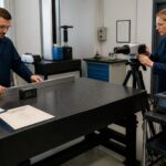 Two metrology technicians compare manual and instrument based surface plate calibration on a granite surface plate in a lab.