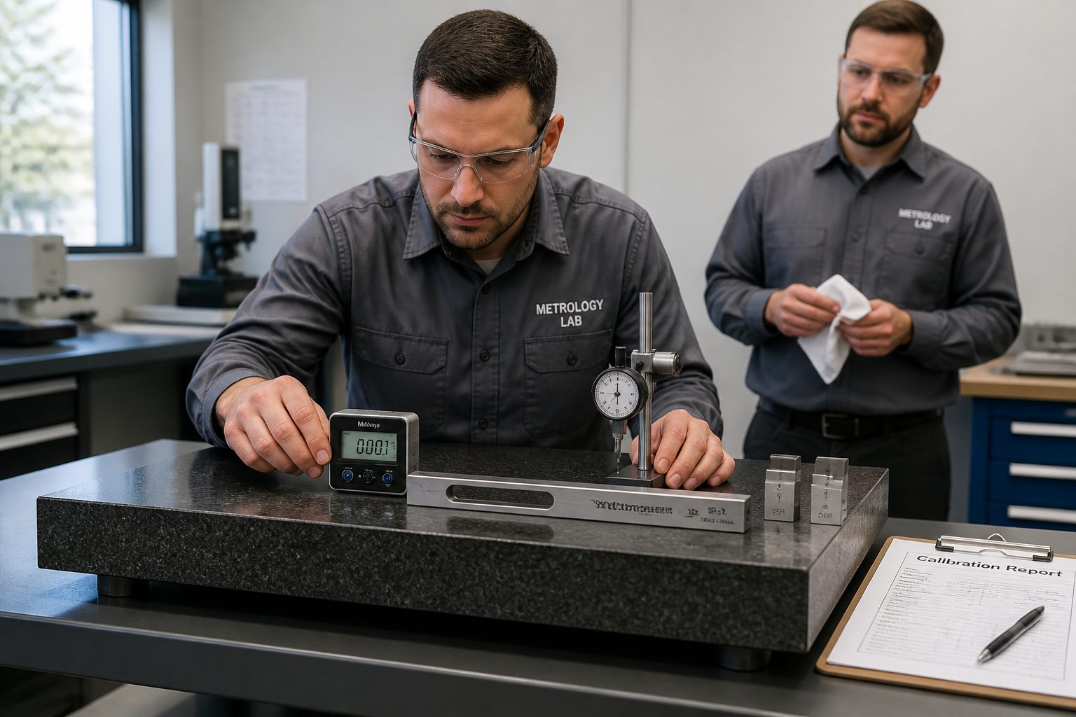 A metrology technician calibrates a granite surface plate using a precision level and dial indicator in a clean lab.